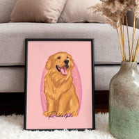 Custom Golden Retriever pet portrait illustration titled "Rudolph" in a black frame, styled on a white rug with a pink background—personalized dog memorial gift or home decor.