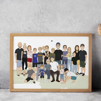 A cartoon portrait of an extended family in a wooden frame. There are 22 people and a black heart symbol in the illustration. Seven people are sitting on or crouching in front of a grey bench in the foreground. Another fifteen people are standing in two informal rows in the background. The background inside the frame is white, and the ground is a simple green plane.