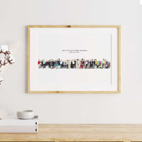 A cartoon illustration of a large family in a wooden frame. There are over fifty people of all ages, from babies to grandparents, standing in a tight line. A small text above them reads: "CAROL & ED'S 30th WEDDING ANNIVERSARY, JUNE 11, 2025."