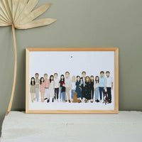 A cartoon illustration of an extended family with two dogs in a wooden frame. The eighteen people are standing in a horizontal line, posed for the photo. One small dog is sitting and one larger dog is sitting near the right side.