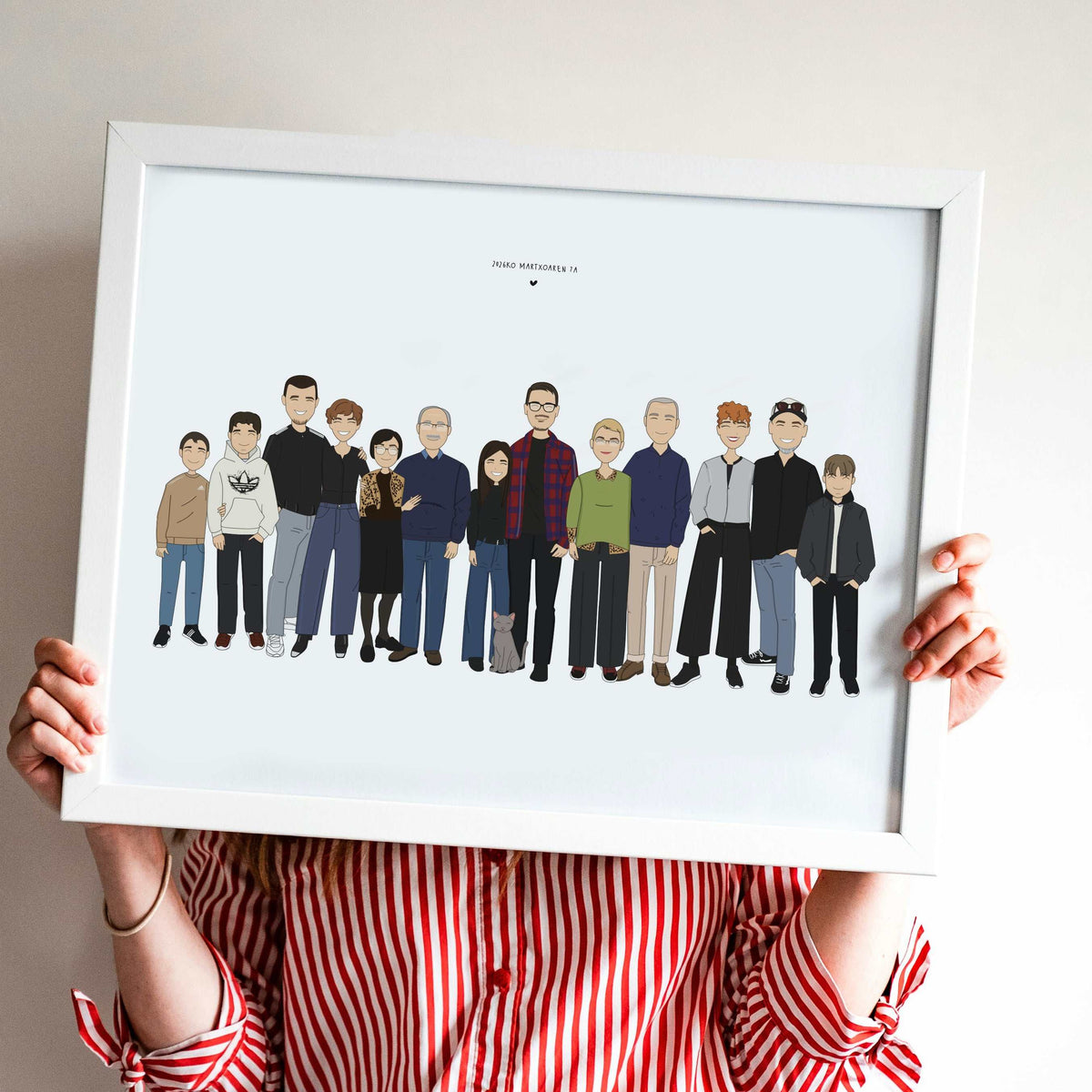 Personalized family portrait illustration with parents, children and pets standing together, custom cartoon style print made from photos, minimalist modern family artwork, meaningful home decor gift for family, grandparents or special occasions, digital download or printed wall art.