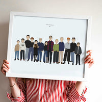 Personalized family portrait illustration with parents, children and pets standing together, custom cartoon style print made from photos, minimalist modern family artwork, meaningful home decor gift for family, grandparents or special occasions, digital download or printed wall art.