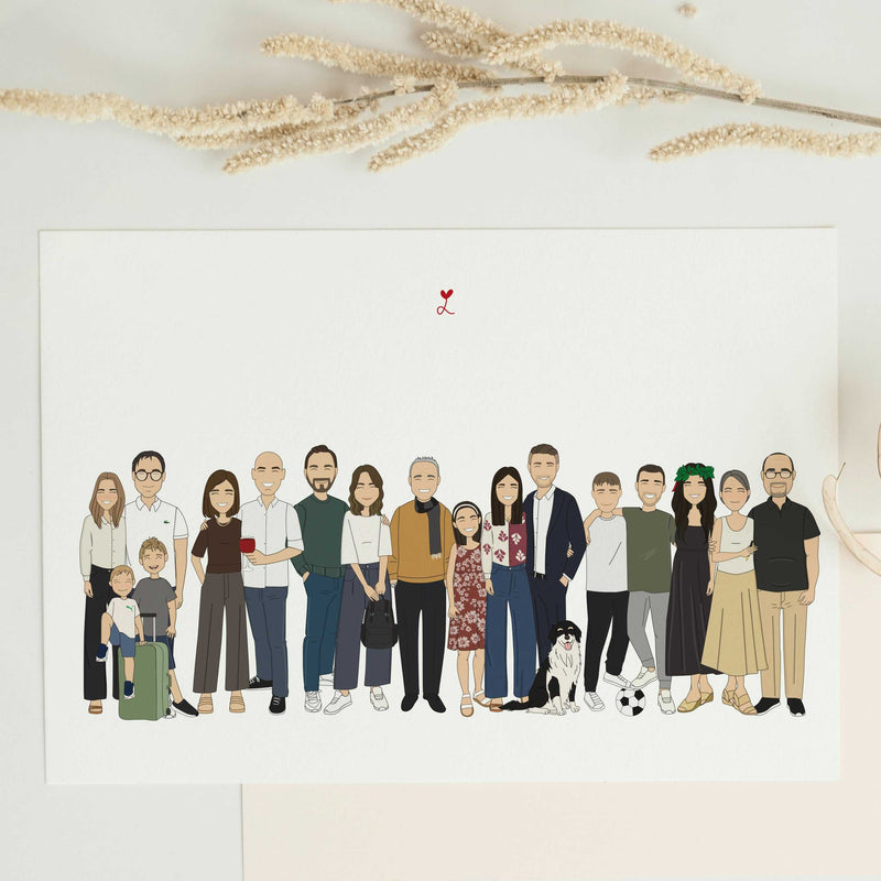Ritratto di famiglia personalizzato disegnato a mano, regalo unico per genitori e nonni con dettagli minuziosi