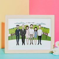 Personalized family portrait with custom background of a lush vineyard setting, framed as a custom retirement gift or family reunion keepsake. The text "La Famille Henri" is written at the top of the illustration.
