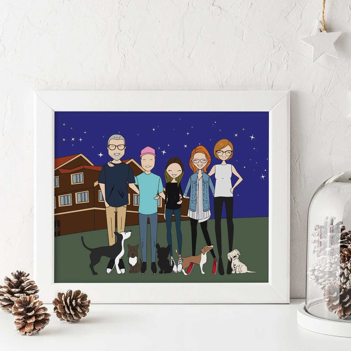 Personalized family portrait with custom background of a cozy mountain lodge under a starry night sky, perfect as a Christmas holiday or housewarming gift. A digital illustration of a family of five with four dogs standing in front of a building at night. The family are wearing casual clothing and the dogs are various breeds. The background is a dark blue sky with stars.