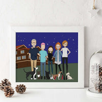 Personalized family portrait with custom background of a cozy mountain lodge under a starry night sky, perfect as a Christmas holiday or housewarming gift. A digital illustration of a family of five with four dogs standing in front of a building at night. The family are wearing casual clothing and the dogs are various breeds. The background is a dark blue sky with stars.