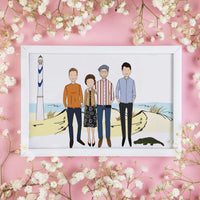 Personalized family portrait with custom background of a beach landscape with a lighthouse, surrounded by white flowers as a custom summer vacation or parents' anniversary gift. A white framed illustration of four people standing in front of a lighthouse. The people are wearing casual clothing and are smiling. There is a small alligator in the bottom right corner of the image. 