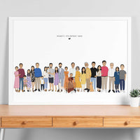 A cartoon illustration of an extended South Asian family and their pets in a white frame. There are thirty people in the family. A woman in a red-orange sari sits in an armchair at the center, surrounded by her family. One brown dog and one white cat sit near her. Above them, text reads: "VASUMATI'S 90th BIRTHDAY SQUAD," with a black heart.