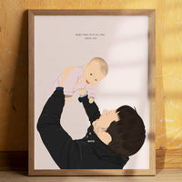 A realistic custom digital portrait based on a photo, featuring a father lifting his baby high in the air. The artwork captures detailed silhouettes and clothing textures, a one-of-a-kind gift for a new dad.