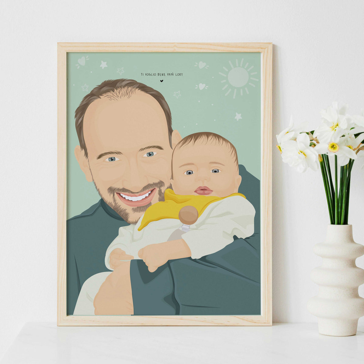 A realistic custom digital portrait based on a photo, featuring a father holding his baby in a green background with some doodles. The artwork captures detailed silhouettes and clothing textures, a one-of-a-kind gift for a new dad.