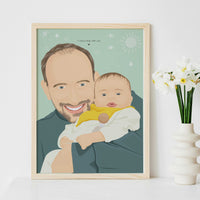 A realistic custom digital portrait based on a photo, featuring a father holding his baby in a green background with some doodles. The artwork captures detailed silhouettes and clothing textures, a one-of-a-kind gift for a new dad.