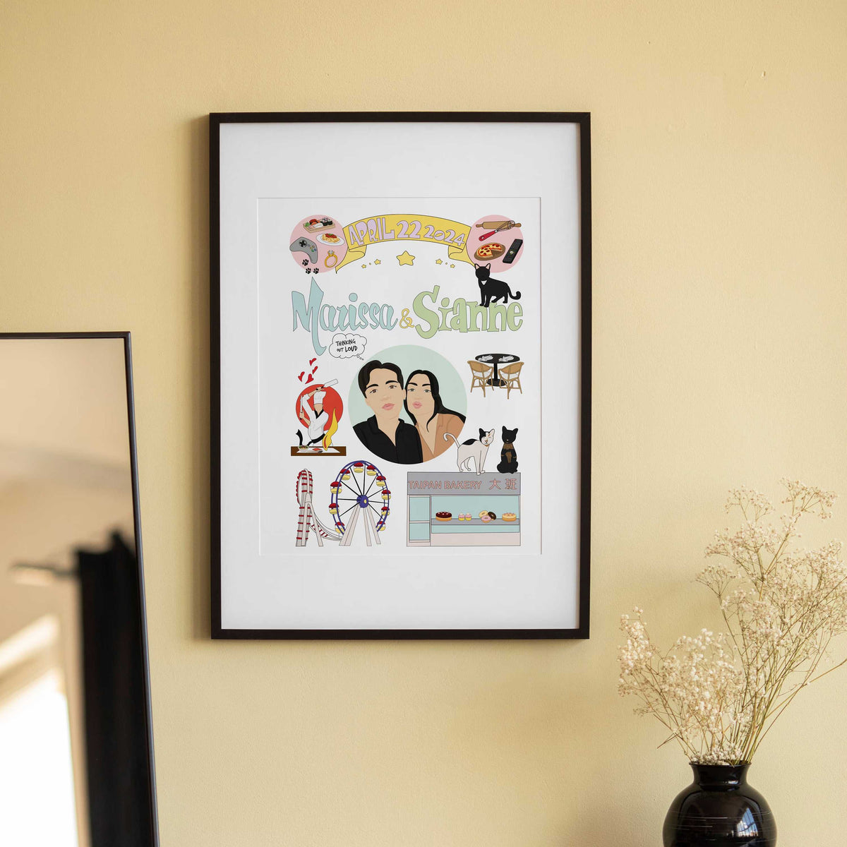 Custom roommate apartment decor featuring a personalized memory collage with a central photo of two friends surrounded by colorful lifestyle icons, their favorite things and meaningful places.