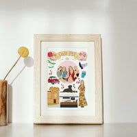 Custom roommate apartment decor featuring a personalized memory collage with a central photo of three friends surrounded by colorful lifestyle icons like a graduation cap, coffee, and a pet dog