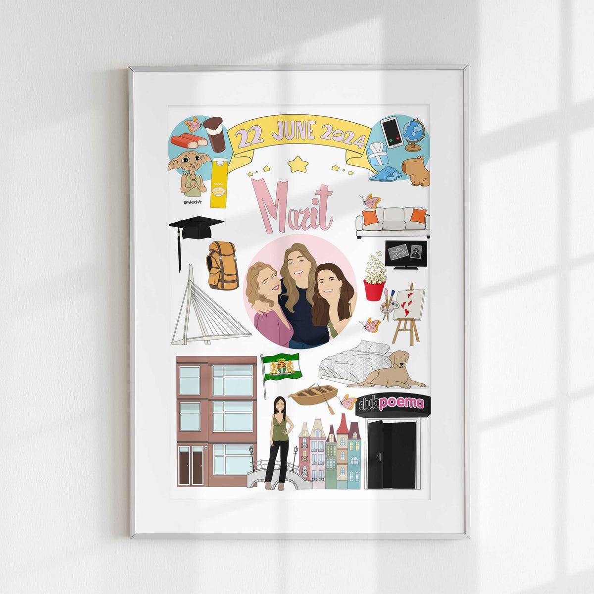 Custom roommate apartment decor featuring a personalized memory collage with a central photo of three friends surrounded by colorful lifestyle icons like a graduation cap, coffee, and a pet dog