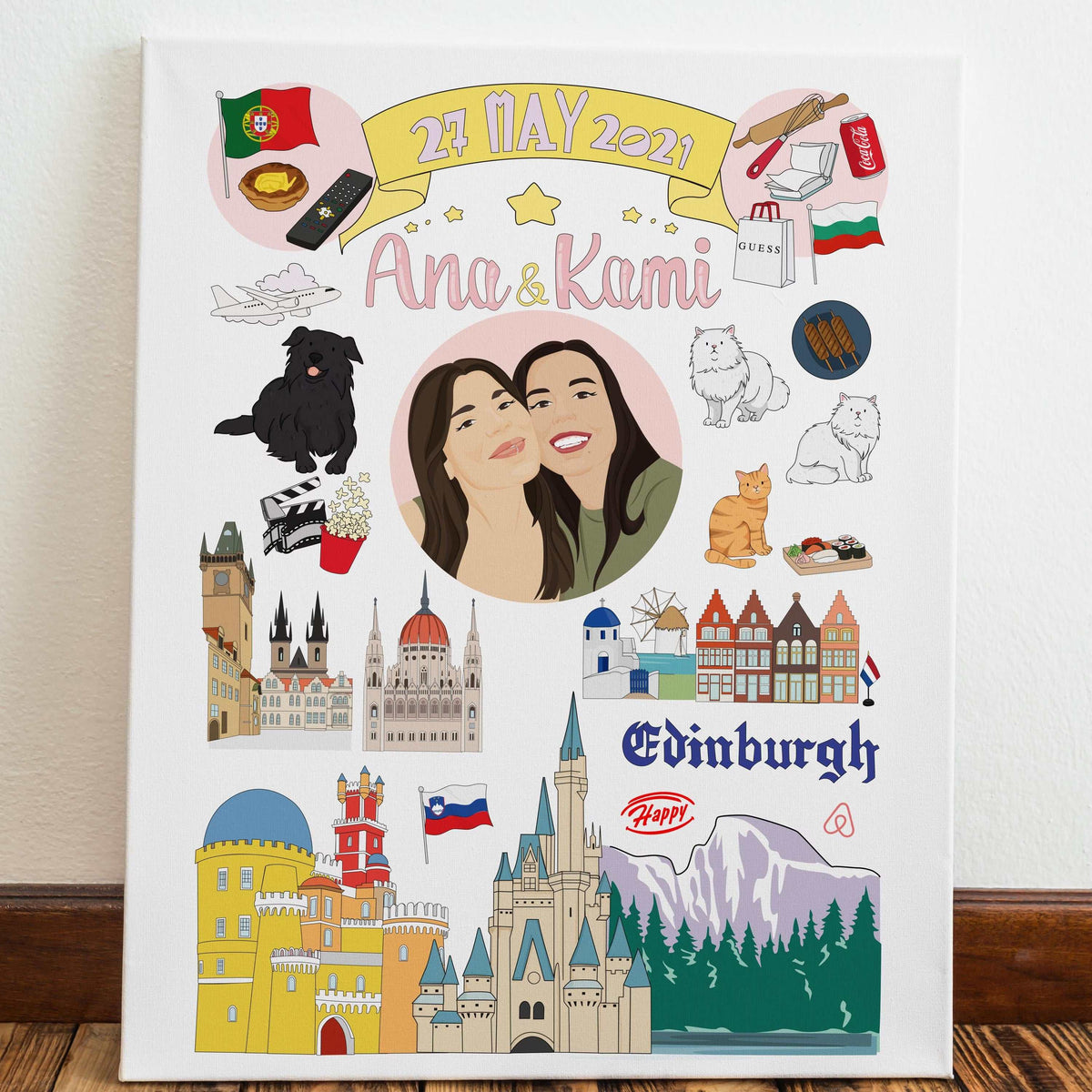 A personalized print showcasing a personalized friendship map illustration for friends named Ana and Kami, dated 27 May 2021. The custom artwork includes a central portrait of two smiling women surrounded by travel memories, international landmarks like Edinburgh and a Disney castle, travel flags, favorite foods, and pet illustrations.