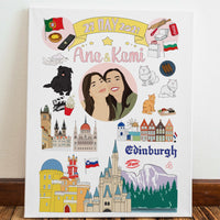 A personalized print showcasing a personalized friendship map illustration for friends named Ana and Kami, dated 27 May 2021. The custom artwork includes a central portrait of two smiling women surrounded by travel memories, international landmarks like Edinburgh and a Disney castle, travel flags, favorite foods, and pet illustrations.