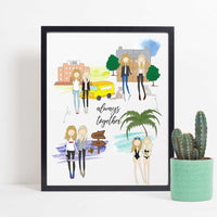 Personalized friendship story map illustration in realistic vector style, featuring two best friends in multiple shared life scenes. The scenes include a school, a bus, a beach, and a sign that says "Fashion Law". The words "always together" are written in cursive.