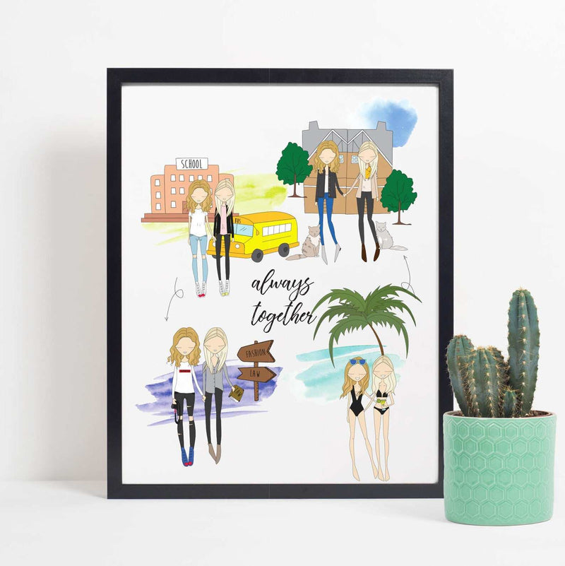 Personalized friendship story map illustration in realistic vector style, featuring two best friends in multiple shared life scenes. The scenes include a school, a bus, a beach, and a sign that says "Fashion Law". The words "always together" are written in cursive.