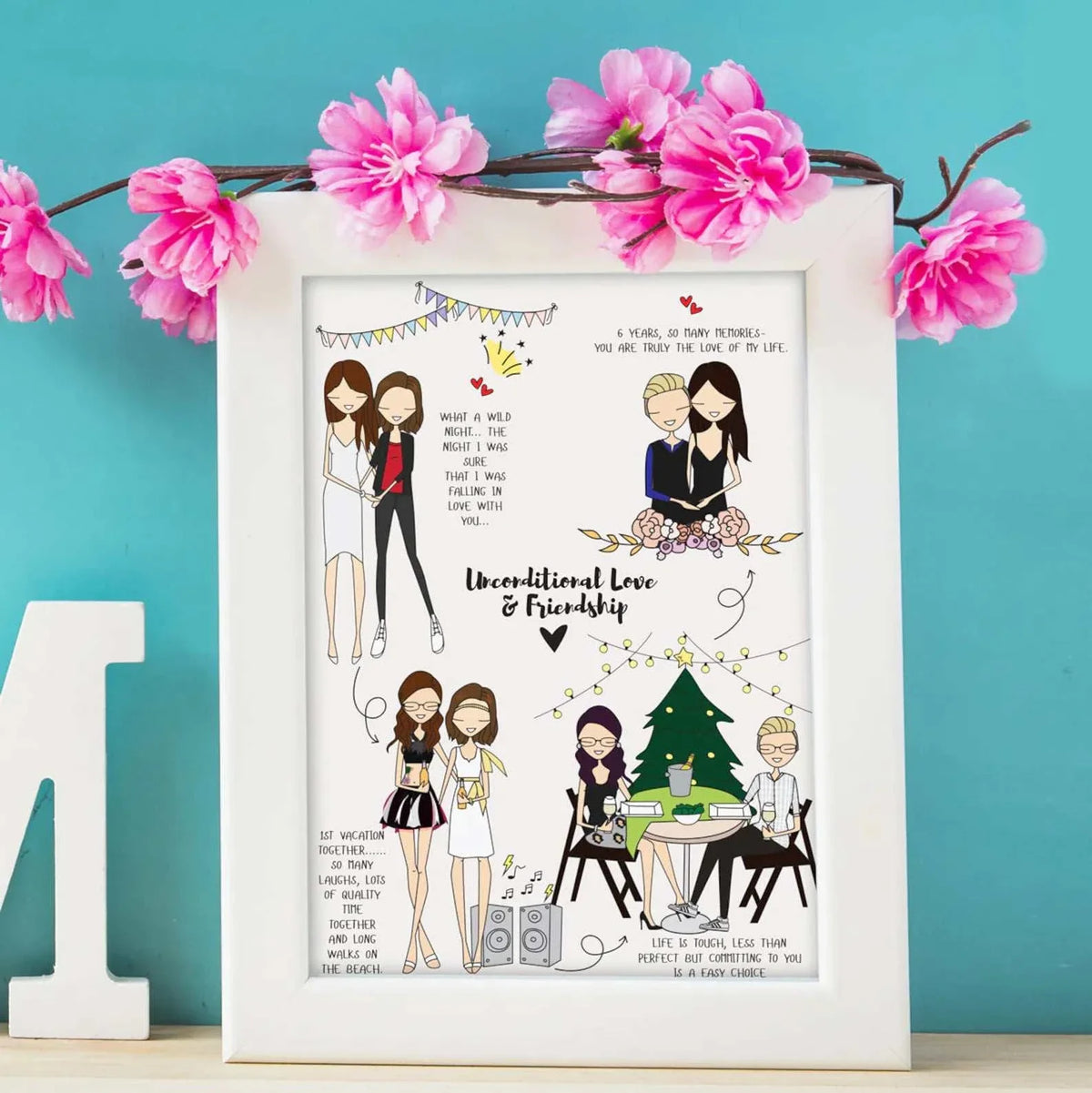 Customized long distance friendship gift featuring a multi-scene story map. Two best friends are depicted in hand-drawn vector illustrations celebrating different milestones including a beach vacation and a sports game. A unique, personalized birthday or moving-away gift idea for friends
