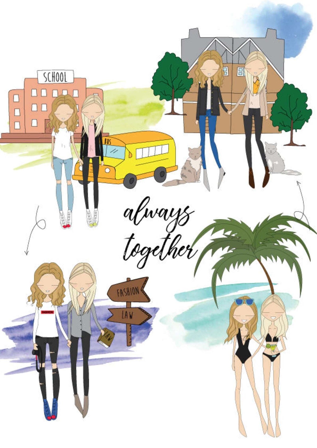 Personalized friendship story map illustration in realistic vector style, featuring two best friends in multiple shared life scenes, framed. A watercolour illustration showing two girls in different settings, including a school, a house, and a beach. A yellow school bus and the words "always together" are also featured. The girls are dressed in various outfits.