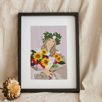Framed personalized hand-painted portrait illustration of a smiling blonde graduate wearing a laurel crown and holding a huge vibrant sunflower bouquet, a thoughtful graduation gift.