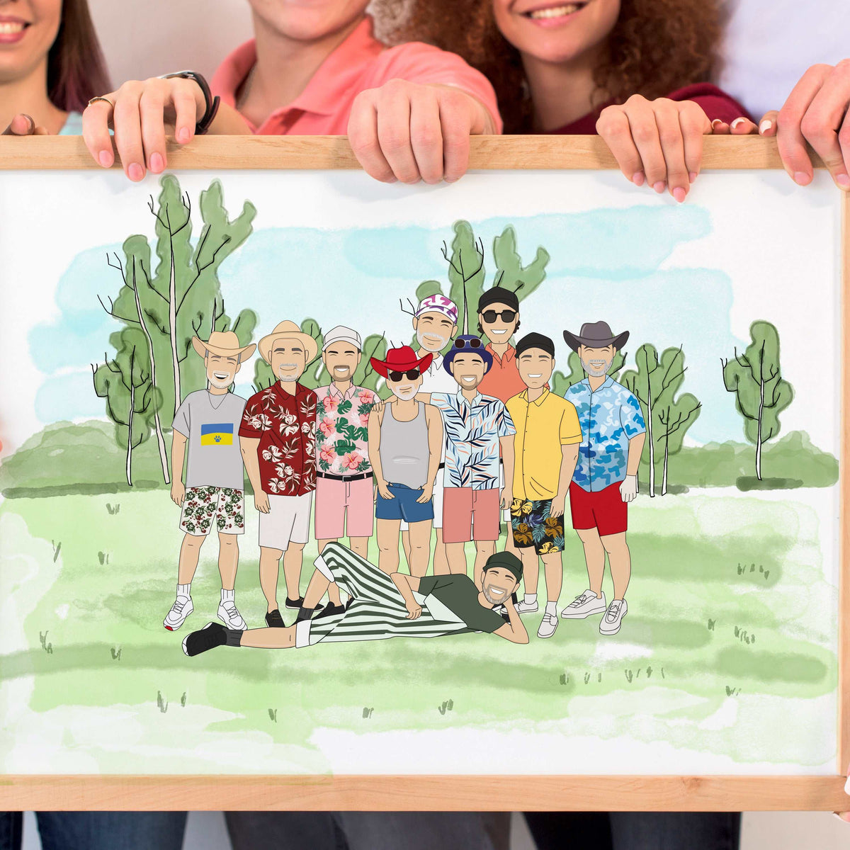 A personalized portrait of ten long-time male friends posed together on a green golf course landscape, displayed inside a wooden frame held by real hands at the top. The men are depicted in a realistic vector portrait style, smiling and dressed in vibrant summer attire, including floral Hawaiian shirts, t-shirts, shorts, and various hats ranging from baseball caps to cowboy hats. 