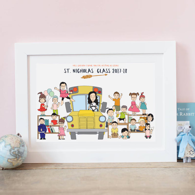 Custom hand-drawn teacher appreciation gift featuring a realistic caricature of an entire classroom. Personalized student portrait showing individual hobbies and names, perfect for an end-of-school-year group gift.