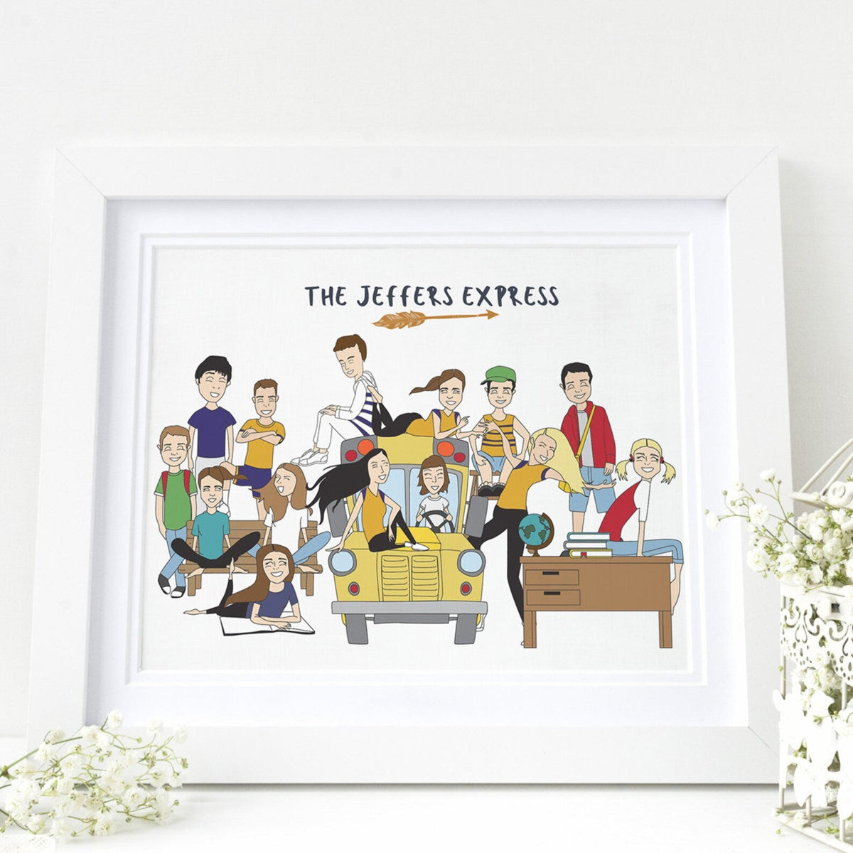 Custom hand-drawn teacher appreciation gift featuring a realistic caricature of an entire classroom. Personalized student portrait showing individual hobbies and names, perfect for an end-of-school-year group gift.