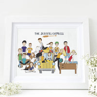 Custom hand-drawn teacher appreciation gift featuring a realistic caricature of an entire classroom. Personalized student portrait showing individual hobbies and names, perfect for an end-of-school-year group gift.