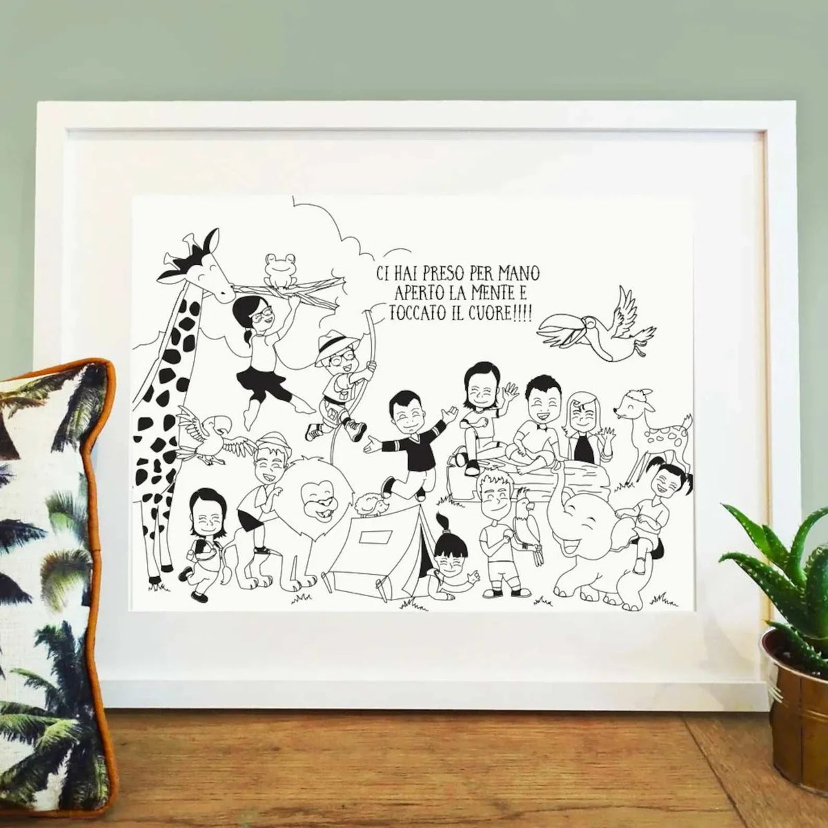 Custom hand-drawn teacher appreciation gift featuring a realistic caricature of an entire classroom. Personalized student portrait showing individual hobbies and names, perfect for an end-of-school-year group gift.