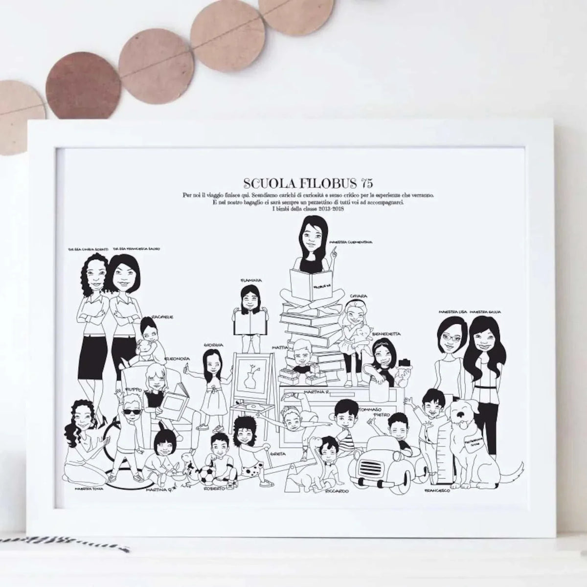 Custom hand-drawn teacher appreciation gift featuring a realistic caricature of an entire classroom. Personalized student portrait showing individual hobbies and names, perfect for an end-of-school-year group gift."