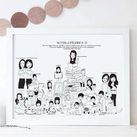 Custom hand-drawn teacher appreciation gift featuring a realistic caricature of an entire classroom. Personalized student portrait showing individual hobbies and names, perfect for an end-of-school-year group gift."