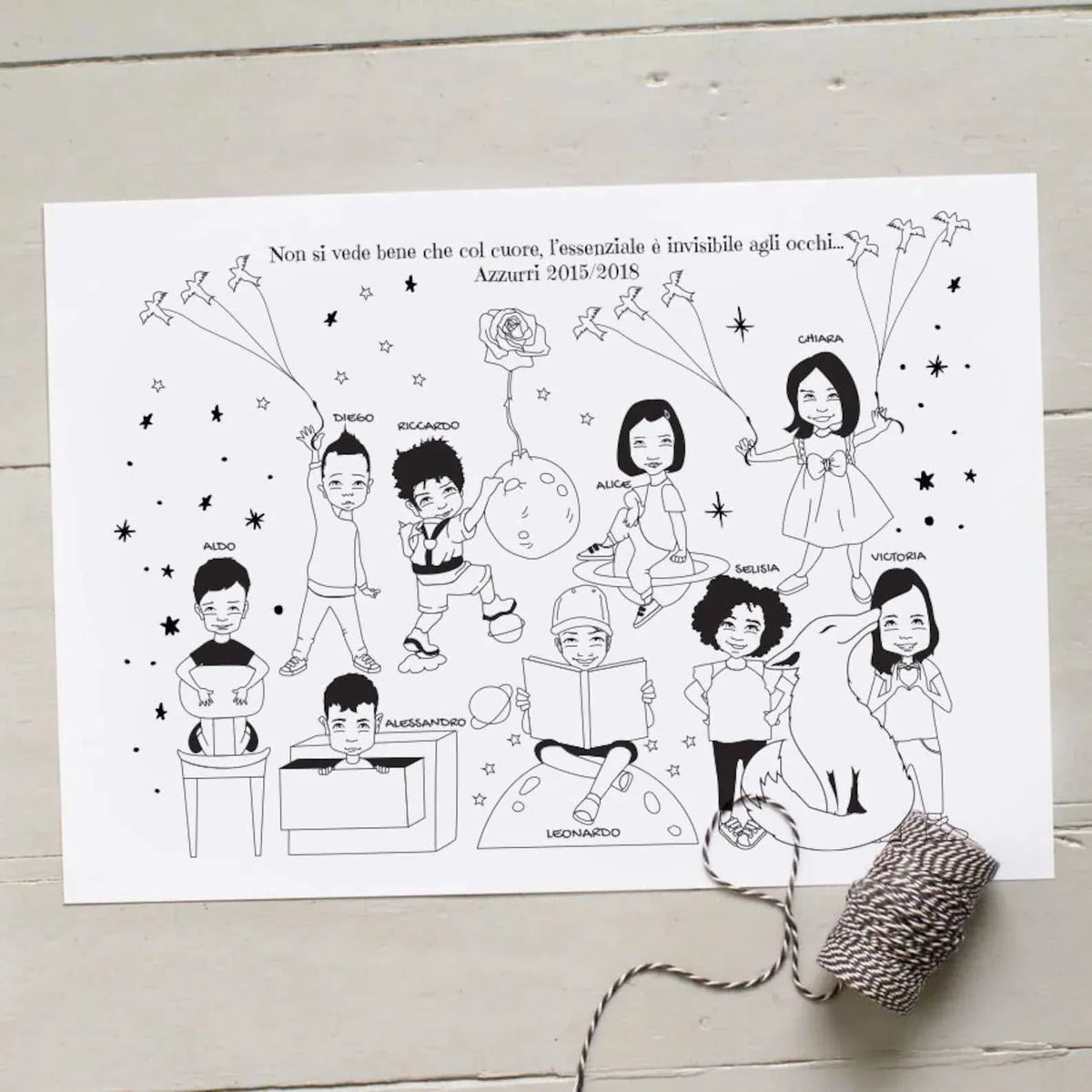Custom hand-drawn teacher appreciation gift featuring a realistic caricature of an entire classroom. Personalized student portrait showing individual hobbies and names, perfect for an end-of-school-year group gift.