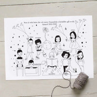 Custom hand-drawn teacher appreciation gift featuring a realistic caricature of an entire classroom. Personalized student portrait showing individual hobbies and names, perfect for an end-of-school-year group gift.