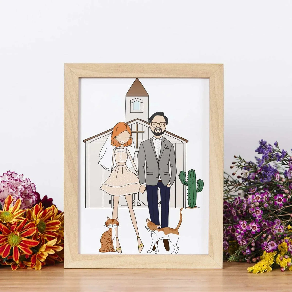 It's a Personalized Bride and Groom Wedding Portrait, happy and smiling with their cats. In the background the Church where they got married. It's a Custom Illustration in a modern and minimalistic style, a unique keepsake for Newlyweds or to celebrate the Anniversary. A personalized and unique wedding gifts they'll never forget!