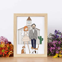 It's a Personalized Bride and Groom Wedding Portrait, happy and smiling with their cats. In the background the Church where they got married. It's a Custom Illustration in a modern and minimalistic style, a unique keepsake for Newlyweds or to celebrate the Anniversary. A personalized and unique wedding gifts they'll never forget!