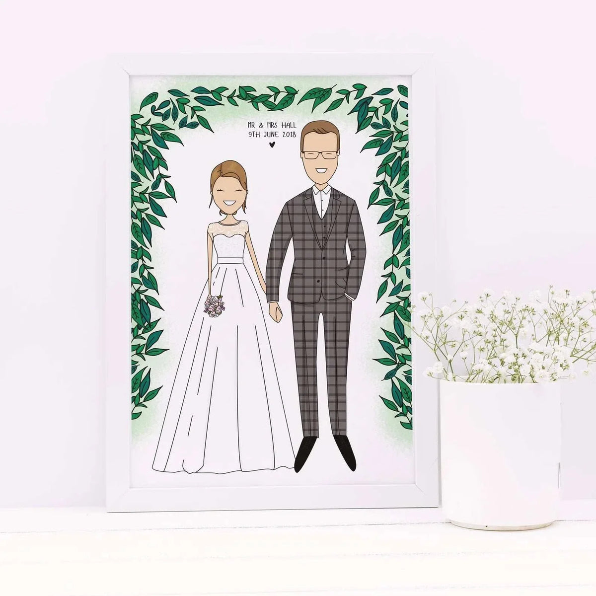 It's a Personalized Bride and Groom Wedding Portrait, happy and smiling . It's a Custom Illustration in a modern and minimalistic style, a unique keepsake for Newlyweds or to celebrate the Anniversary. A personalized and unique wedding gifts they'll never forget!