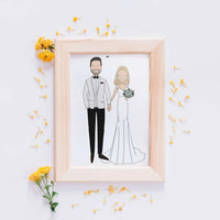 It's a Personalized Bride and Groom Wedding Portrait, happy and smiling . It's a Custom Illustration in a modern and minimalistic style, a unique keepsake for Newlyweds or to celebrate the Anniversary. A personalized and unique wedding gifts they'll never forget!