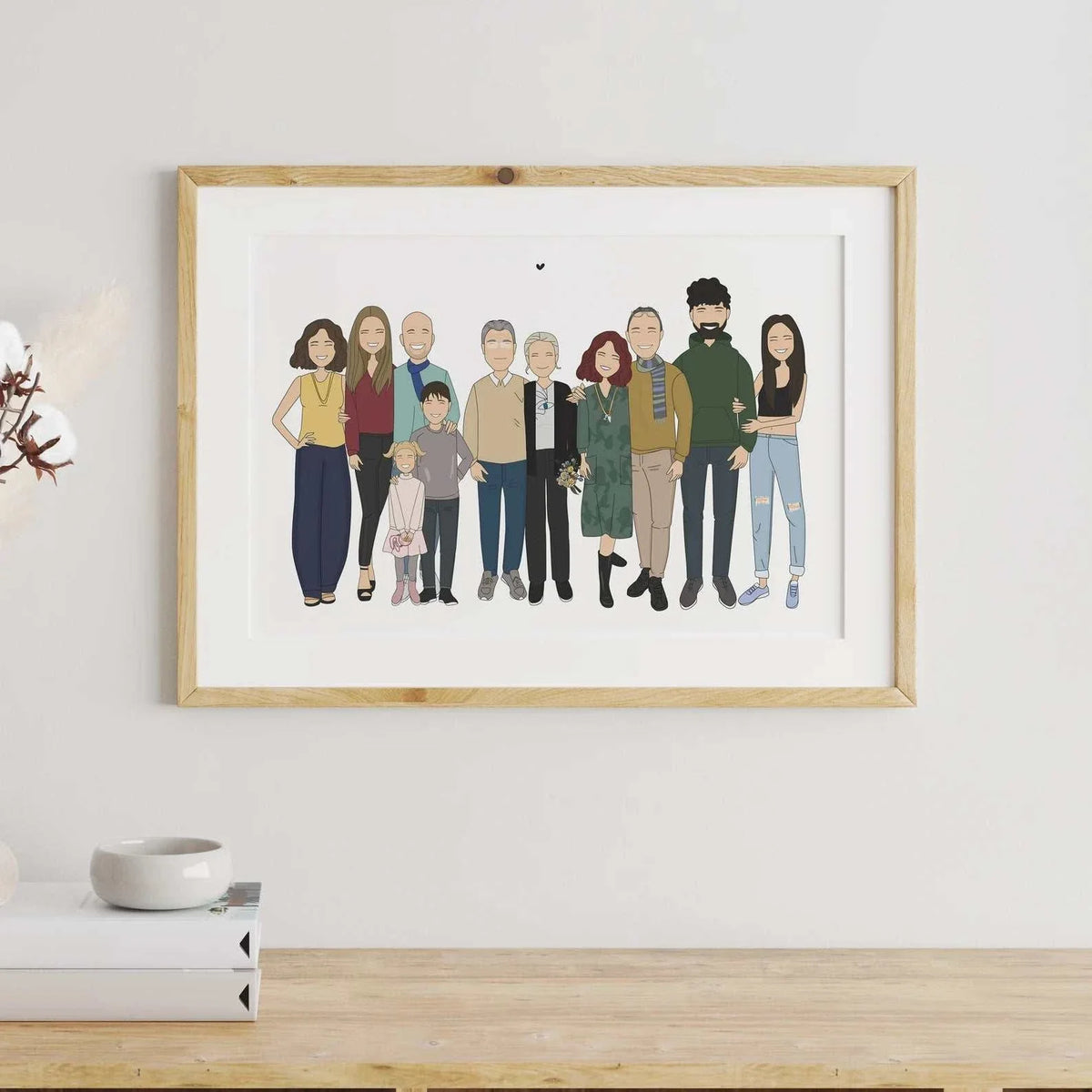 a personalized family portrait illustration in a minimalistic, cartoon style. The artwork features a group standing side-by-side, including adults, children and infants. The portrait is suitable for a personalized family gift, custom housewarming art, or a large group portrait.