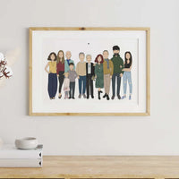 a personalized family portrait illustration in a minimalistic, cartoon style. The artwork features a group standing side-by-side, including adults, children and infants. The portrait is suitable for a personalized family gift, custom housewarming art, or a large group portrait.