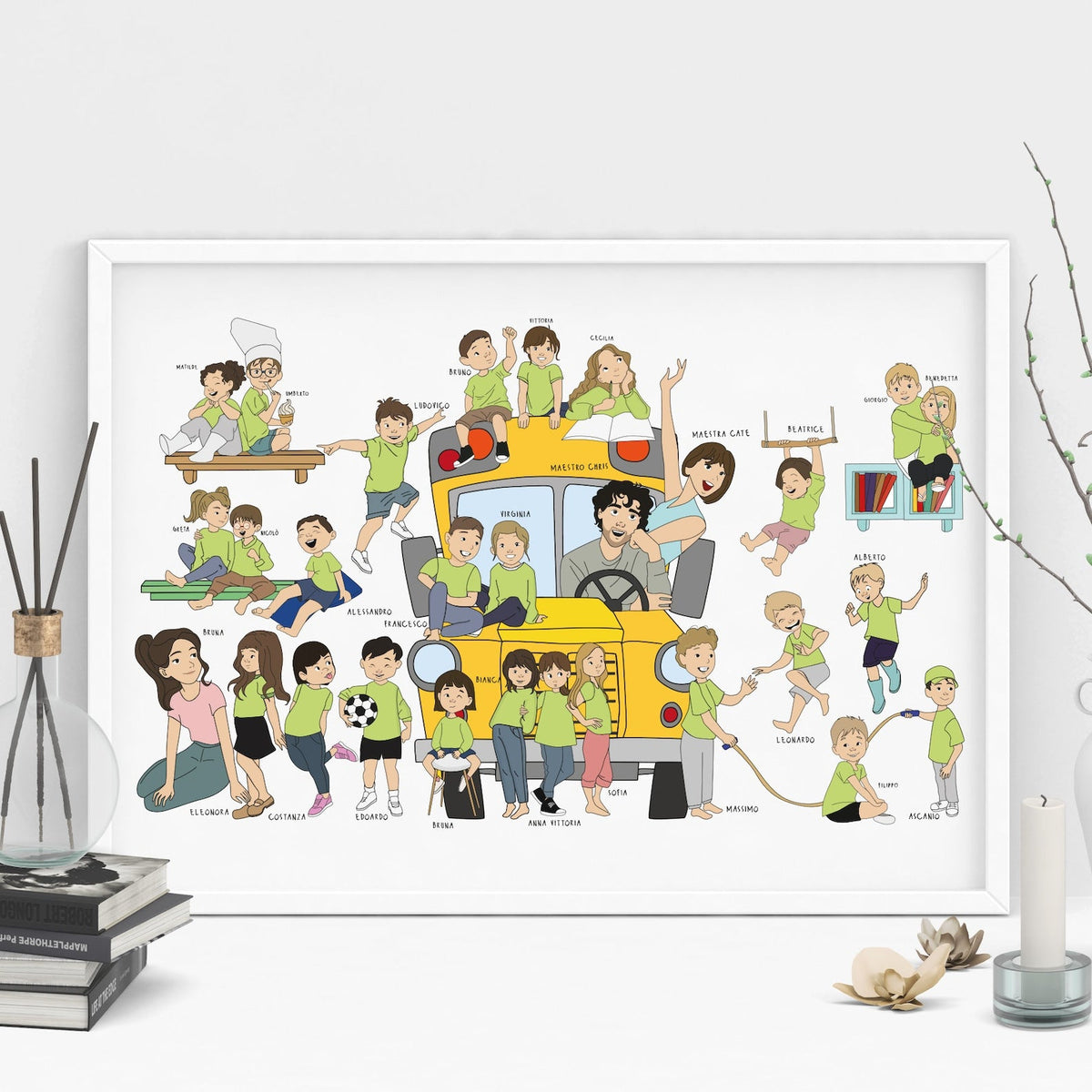 Custom hand-drawn teacher appreciation gift featuring a realistic caricature of an entire classroom. Personalized student portrait showing individual hobbies and names, perfect for an end-of-school-year group gift.