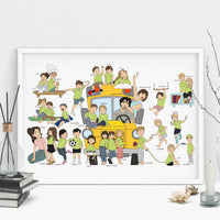 Custom hand-drawn teacher appreciation gift featuring a realistic caricature of an entire classroom. Personalized student portrait showing individual hobbies and names, perfect for an end-of-school-year group gift.