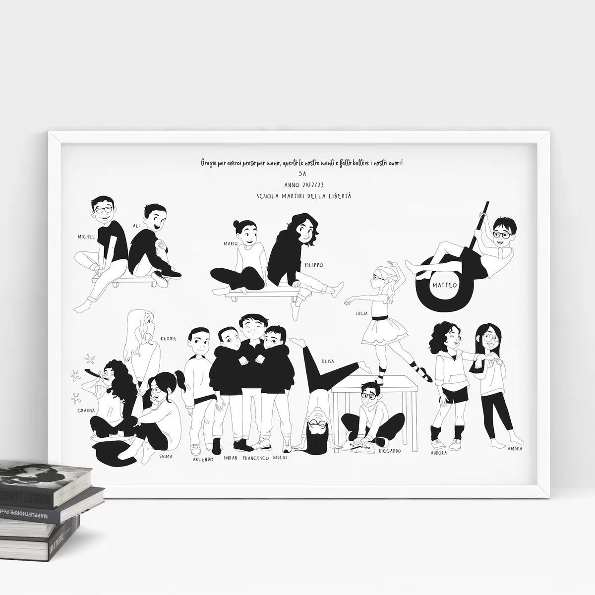 Custom hand-drawn teacher appreciation gift featuring a realistic caricature of an entire classroom. Personalized student portrait showing individual hobbies and names, perfect for an end-of-school-year group gift."