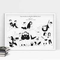 Custom hand-drawn teacher appreciation gift featuring a realistic caricature of an entire classroom. Personalized student portrait showing individual hobbies and names, perfect for an end-of-school-year group gift."
