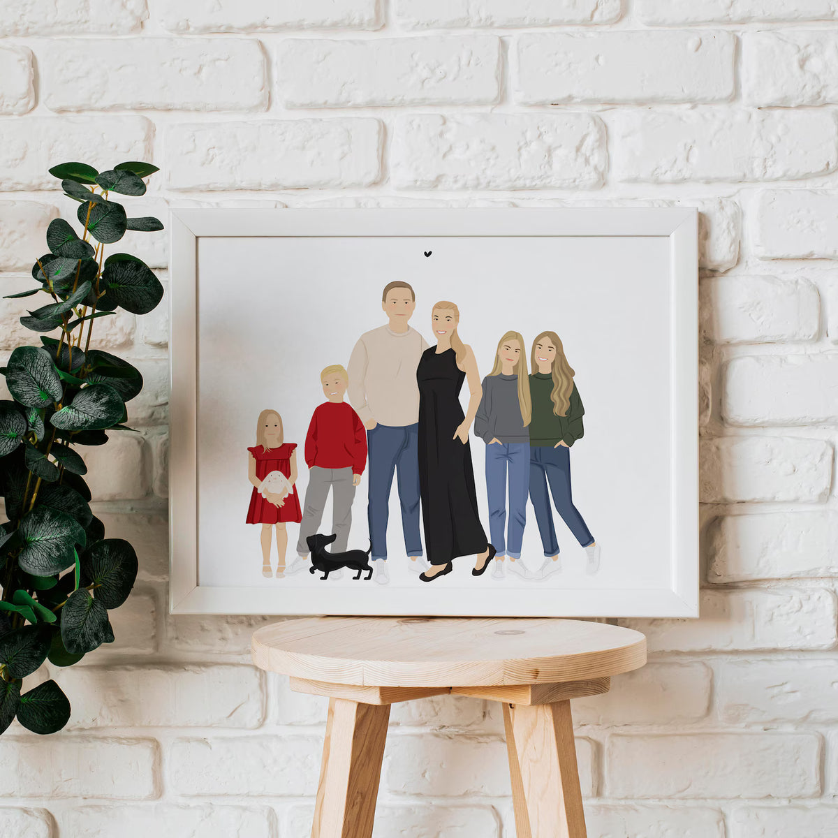 A high quality personalized hand drawn family portrait. The artwork displays a happy and funny family in a unique and cheerful style.