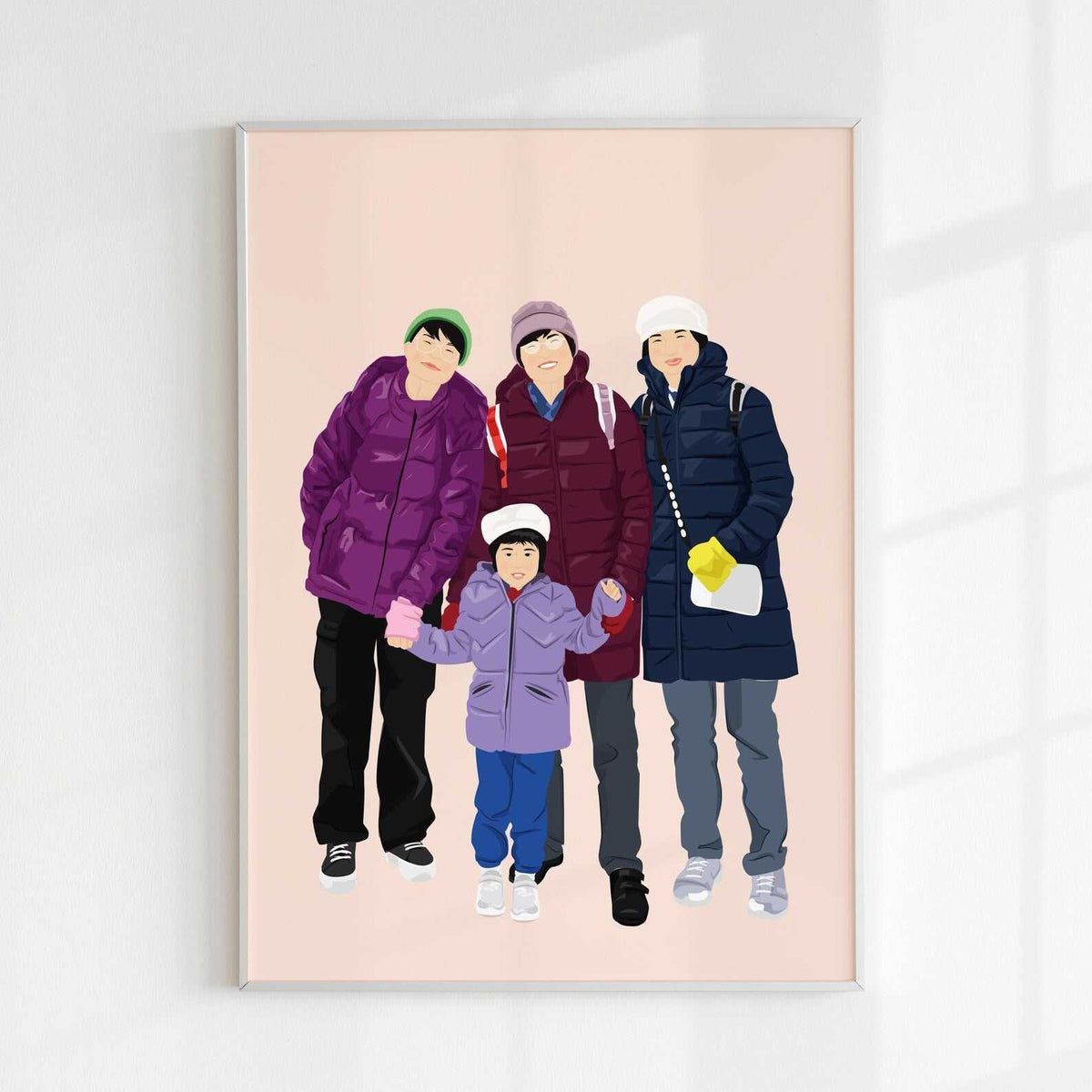 A high quality personalized hand drawn family portrait. The artwork displays a happy and funny family in a unique and cheerful style. Winter and Festive atmosphere.