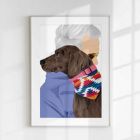 A personalized illustration of a chocolate-colored dog resting its head on its owner's shoulder, the perfect gift for a pet lover