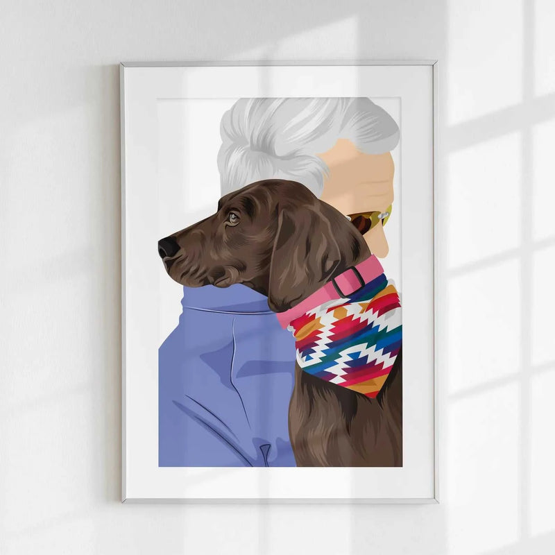A personalized illustration of a chocolate-colored dog resting its head on its owner's shoulder, the perfect gift for a pet lover