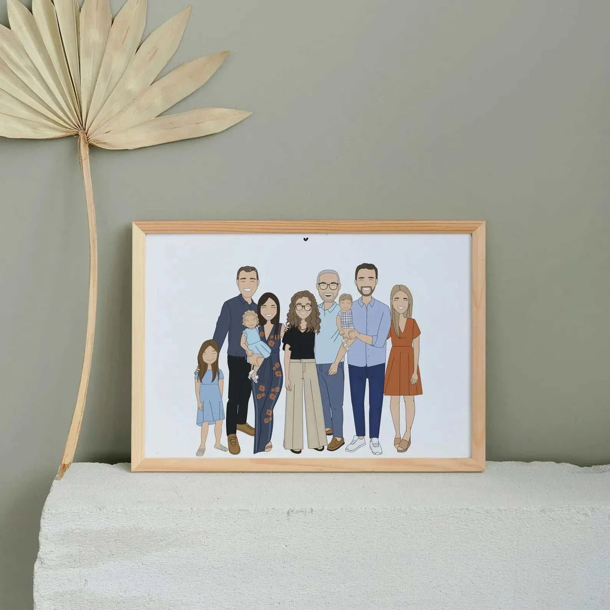 a personalized family portrait illustration in a minimalistic, cartoon style. The artwork features a group standing side-by-side, including adults, children and infants. The portrait is suitable for a personalized family gift, custom housewarming art, or a large group portrait.