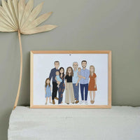 a personalized family portrait illustration in a minimalistic, cartoon style. The artwork features a group standing side-by-side, including adults, children and infants. The portrait is suitable for a personalized family gift, custom housewarming art, or a large group portrait.